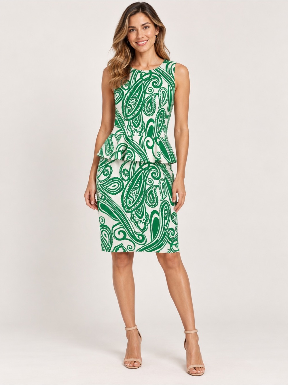 ANTONIO MELANI Green Paisley Peplum Pencil Skirt